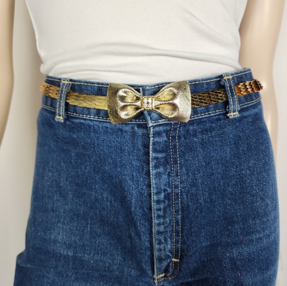 Vtg 80s stretch metal mesh gold bow belt XS-SM